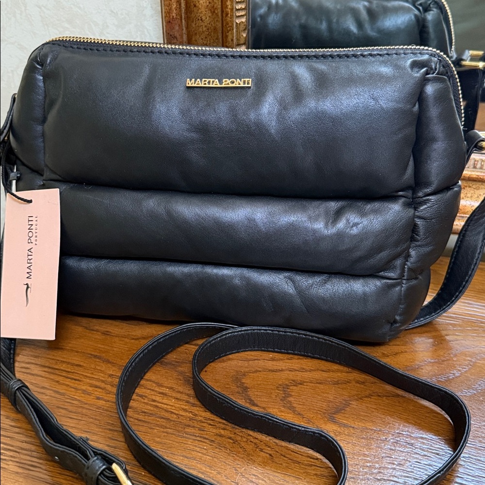 Marta Ponti Genuine Leather Crossbody Bag. Black with Marta Ponti emblem in gold